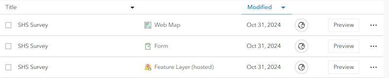 Web map, form, and feature service of the survey