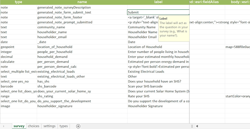 Excel form used to create the survey